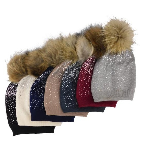 Jeweled Cashmere Pom Hats, Cranberry color only